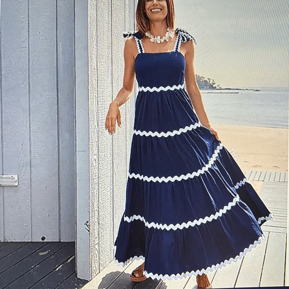 NWT Sail to Sable x Style Charade Ric-Rac Bow Strap Maxi Dress Navy